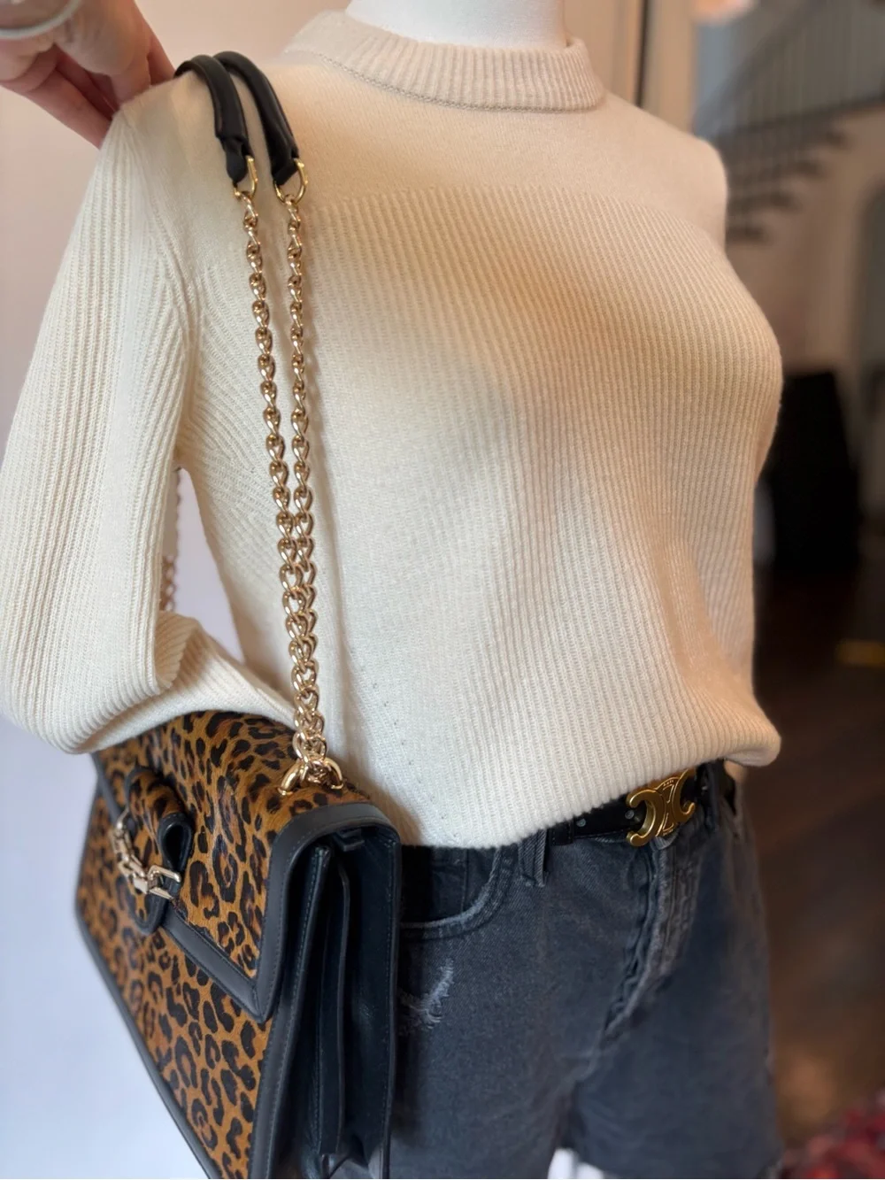 Italian Leather & Leopard Calf Hair Shoulder Bag with Gold Chain